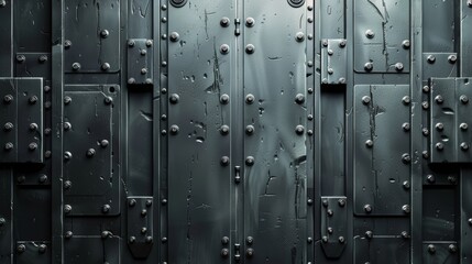 The image is showing a dark metal wall with rivets.
