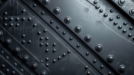 The image shows a close-up of a metal surface with rivets. The surface is dark and has a rough texture. The rivets are silver and have a shiny finish.
