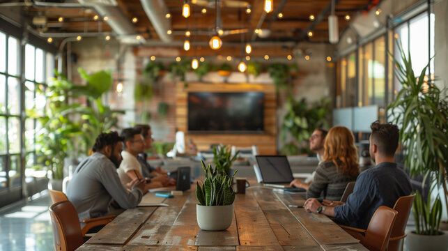 a team meeting taking place in a modern open-plan workspace