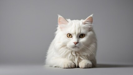 Portrait of a white Persian cat on a gray background.