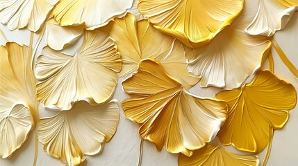 An oil painting captures the radiant allure of yellow ginkgo leaves against a pristine white background, infusing any space with warmth and vitality.