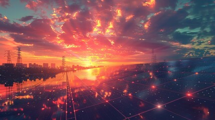 Fototapeta premium A city skyline is reflected in the water as the sun sets