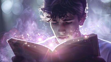 Teenage boy reading manga-style book with dynamic lighting and shading looks delighted. Concept Lighting Techniques, Manga Style, Teenage Portraits, Dynamic Poses, Reading Expression