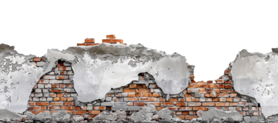 Long horizontal broken brick wall of a house isolated on transparent background