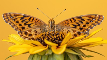   A close-up of a butterfly on a sunflower against a yellow background