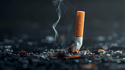 Closeup of floating smoked cigarette butt with flames on dark black background for nicotine death anti smoking toxic lung cancer addiction health quit tobacco advert modern danger campaign