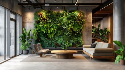 a communal area within the office featuring a vertical garden wall