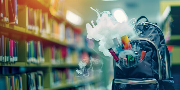 Colorful vapes flying out of high school backpack bag smoke e-cigarette vape floating in air library book banner background nicotine quit education ad health vaping addiction awareness in teen youth