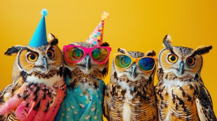 Fun and quirky owl party illustration for invitations and ads. Diverse group of owls in colorful hats, scarves, and accessories.