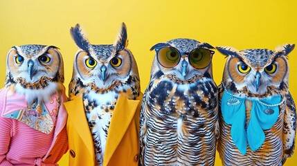 Fun and quirky owl party illustration for invitations and ads. Diverse group of owls in colorful hats, scarves, and accessories.