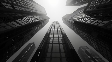 Plakat The image shows a perspective view of a modern city with skyscrapers reaching high into the sky.