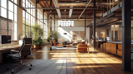 Spacious and modern loft office with minimalist design and city view - Ideal workspace for creative professionals