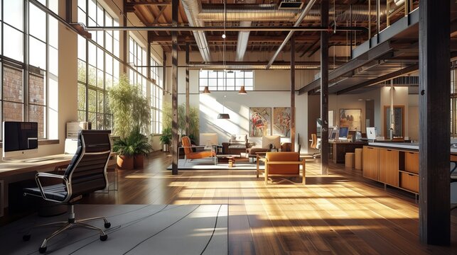 Spacious and modern loft office with minimalist design and city view - Ideal workspace for creative professionals