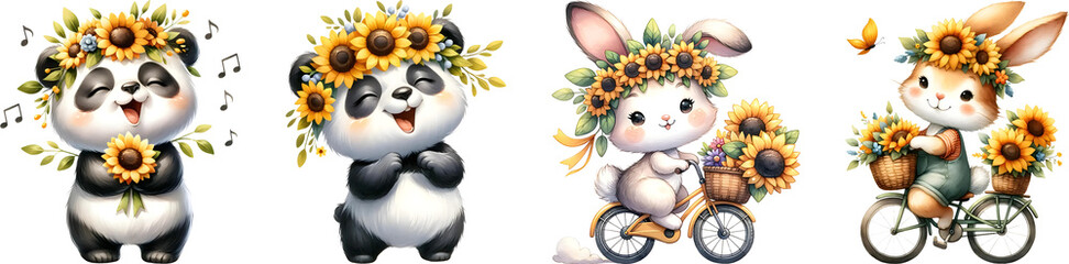 Panda and rabbit with sunflower for kids, watercolor illustration.