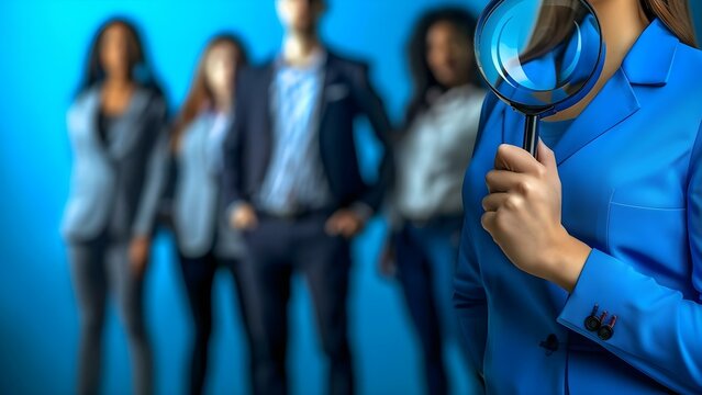 Group of people with magnifying glass seeking candidate in labor market. Concept Hiring Process, Recruitment Strategies, Job Search, Talent Acquisition, Employment Opportunities