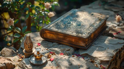 Ancient spellbook with intricate decorations near mystical artifacts in daylight.