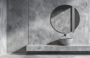 Modern bathroom with gray walls and a concrete floor, featuring a floating shelf for the washbasin and a round mirror