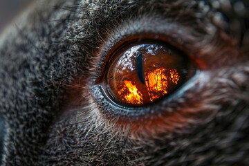 Koala bear's eye with reflection of burning forest