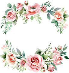 Wreath frame with roses and leaves transparent. Roses Frame with green leaves transparent