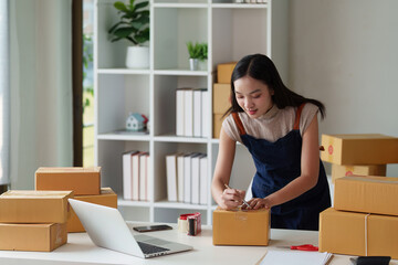 Woman entrepreneur working at home office and taking a parcel photo before delivery
