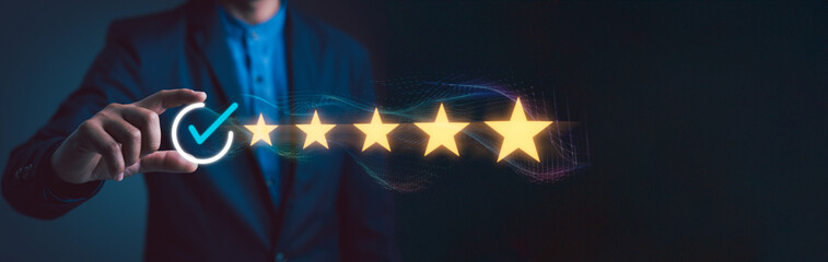 Businessman show high-quality assurance marks, good service, premium, five stars, excellent...