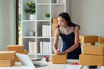 Woman entrepreneur working at home office and taking a parcel photo before delivery