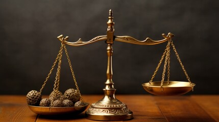 Antique brass scales of justice with truffles