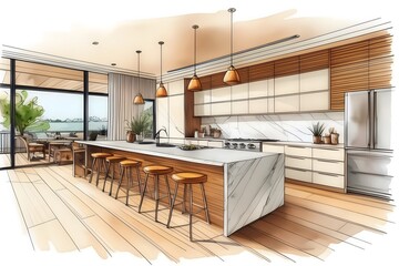 Colorized architectural sketch of modern, stylish open-plan kitchen with central island. Sleek design, ample space, contemporary.