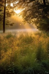Fototapeta premium Serene autumn forest landscape with sunlight streaming through the trees