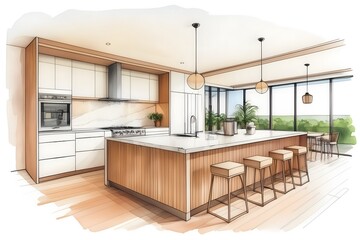 Colorized architectural sketch of modern, stylish open-plan kitchen with central island. Sleek design, ample space, contemporary.