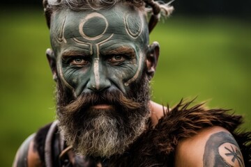 Intense warrior with tribal face paint and beard