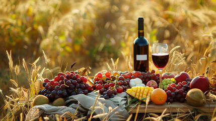 Romantic picnic with tasty fruits and wine in harveste