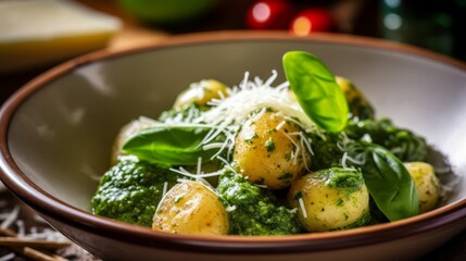 Delicious homemade potato gnocchi with pesto sauce