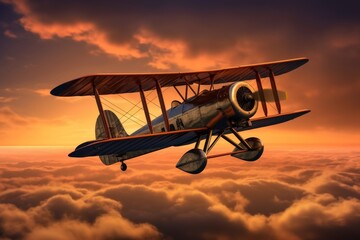 vintage biplane flying through dramatic sunset sky