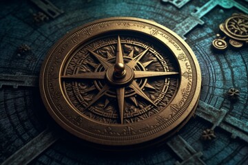 Obraz premium Antique brass compass on old map