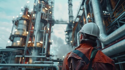 Fototapeta premium close-up of industrial pipes of oil refinery, back of engineer, technician, reading drawing, drawing, industrial engineering, blueprint, industrial background.