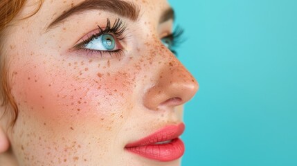   A tight shot of a woman's face adorned with freckles scattered across her complexion, notably her cheeks