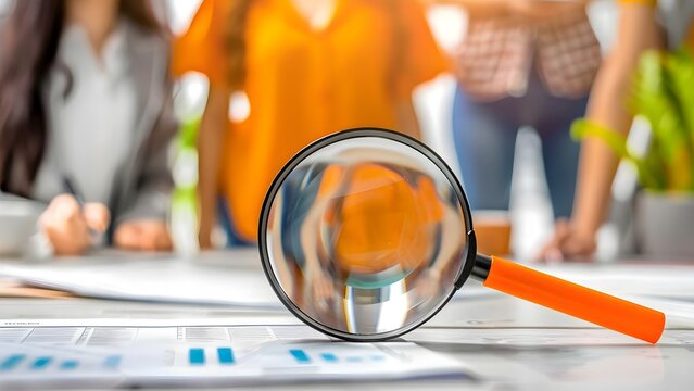 Focused group using a magnifying glass to search for candidates in the labor market. Concept Recruitment Strategy, Focus Group Dynamics, Labor Market Analysis, Candidate Evaluation