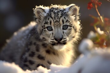 Fototapeta premium Adorable snow leopard cub in winter wonderland