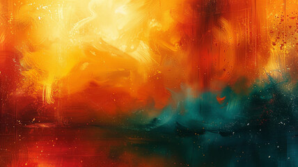 A painting of a red, orange, and blue background with a yellow sun in the middle