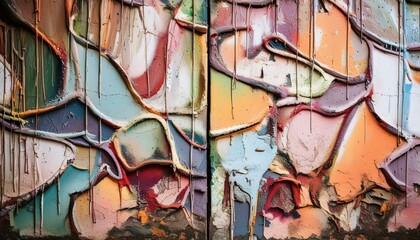 close-up section of a colorful street art mural, revealing the intricate textures and layered brush strokes art painting wall background
