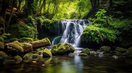 Naklejka premium Lush green forest waterfall scene