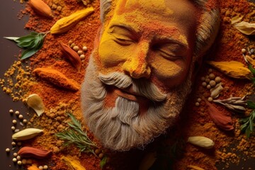 Spices and herbs with a serene face sculpture