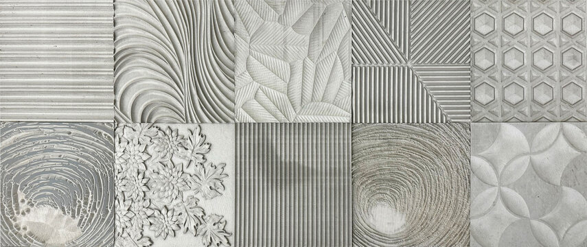 Series of carved textured stone crafted in random pattern, floral, swirl, spiral, zen, wavy, geometric to linear patter. Close up Natural grey stone in seamless texture finish.