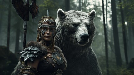 warrior and bear in dark forest