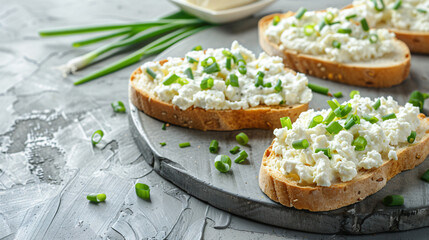 Sandwiches with tasty cottage cheese and green onion 