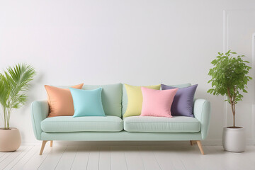 Colorful pillows on sofa in the living room at home. Blue sofa on wooden floor against white wall with copy space