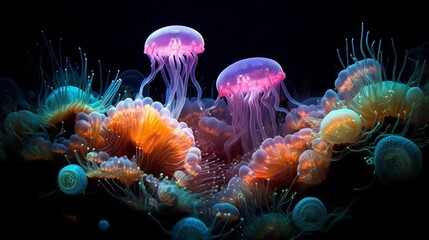 Vibrant underwater jellyfish scene