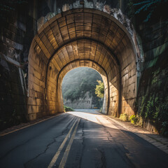 Sunlit Road Through a Scenic Tunnel