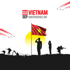 Happy Independence Day! Vietnam with the Vietnam flag and the Vietnam Army and soldier salute of their flag illustration design.
